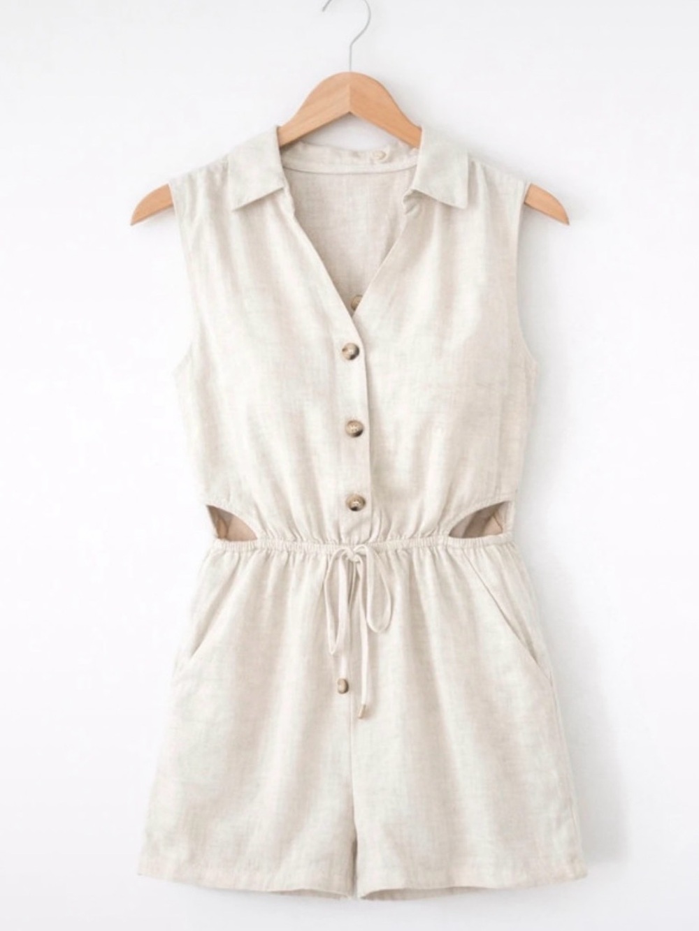 Sleeveless Beige Linen Romper with Button Front